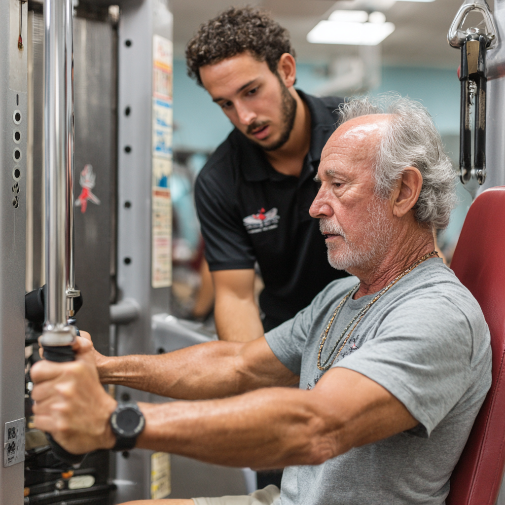 Мъж на 58 години използва тренажори за силови упражнения под наблюдението на треньор