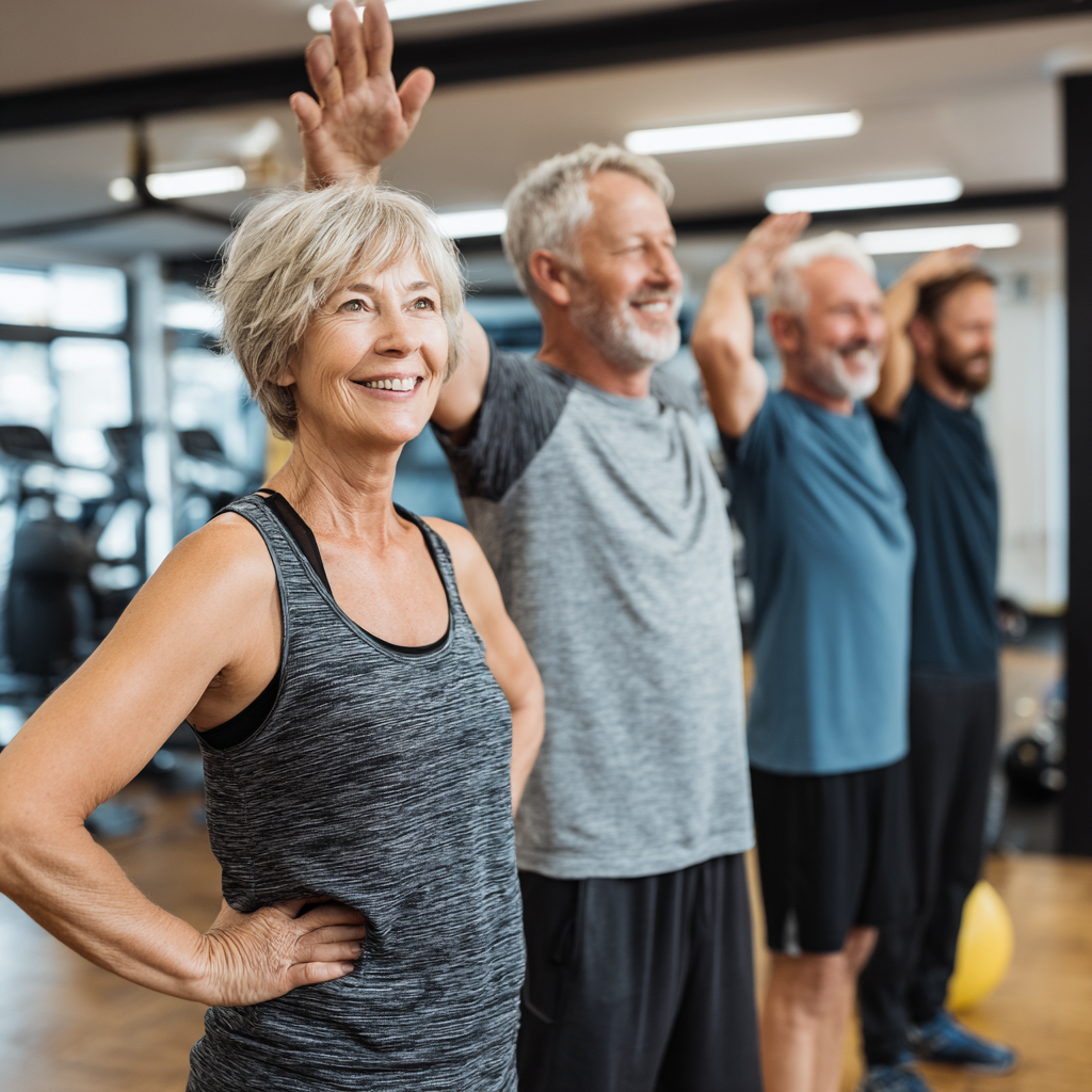 Група от четирима хора на възраст 52-60 години правят упражнения заедно с треньор във фитнес зала