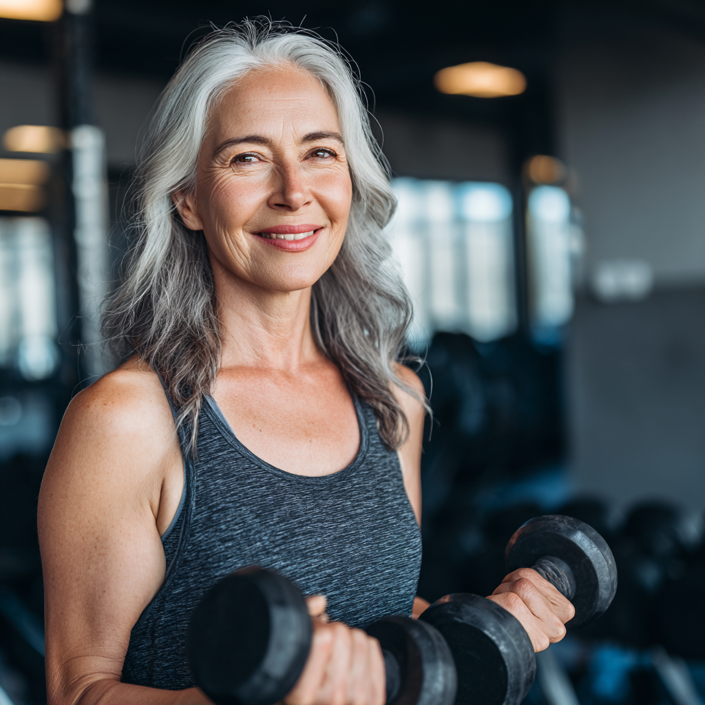 Усмихната жена на 55 години с фитнес екипировка държи гири в модерна фитнес зала